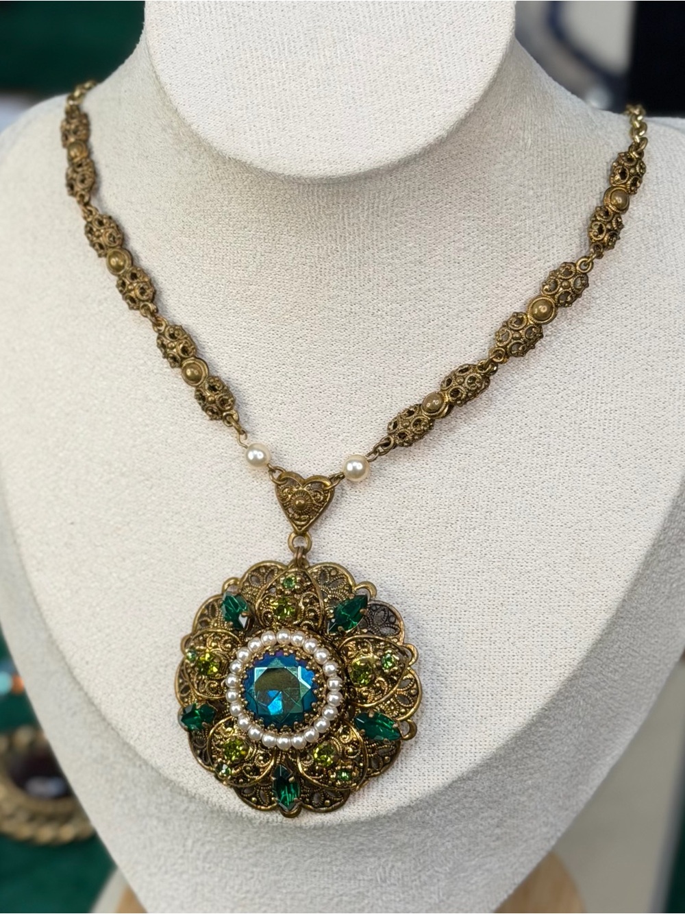 Vintage SIGNED West Germany Necklace Peacock Carnival Glass Antiqued Gold Tone